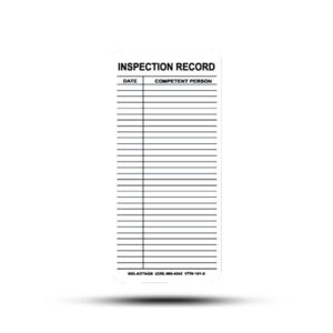The VTW-101-0 White Inspection Record Scaffold Tag includes columns for the date and competent person, as well as multiple lines for entries, specifically designed to accompany industrial scaffolding tags.