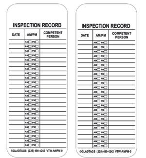 A set of two GP White Vinyl Scaffolding Tags (VTW-AMPM-0, Quantity: 25) includes columns for date, AM/PM, and competent person, with multiple empty rows available for entries.