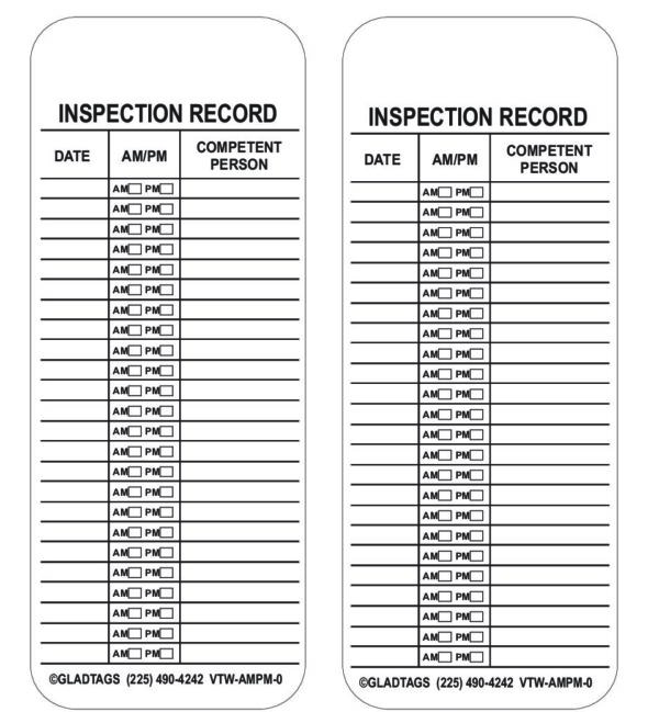 A set of two GP White Vinyl Scaffolding Tags (VTW-AMPM-0, Quantity: 25) includes columns for date, AM/PM, and competent person, with multiple empty rows available for entries.