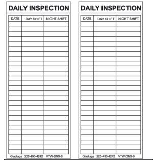 The document includes two sections marked "Daily Inspection," featuring entries for the date, day shift, and night shift. There are dedicated spaces for GP - White Vinyl Scaffolding Tags (VTW-DNS-0) to ensure safety compliance. Contact information at the bottom states: "Gladtags 225-490-4242 VTW-DNS-0.