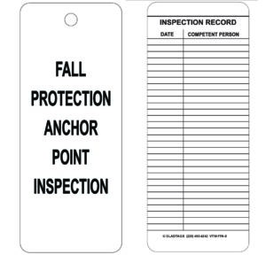 The GP - White Vinyl Scaffolding Tag - VTW-FPA-0 (QTY 25) is crafted for safety, featuring a two-sided design. The front reads "Fall Protection Anchor Point Inspection," and the back includes an inspection record with fields for the date and competent person, akin to industrial scaffolding tags used for thorough site inspections.