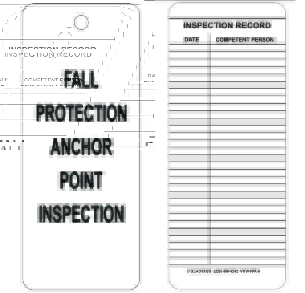 The GP - White Vinyl Scaffolding Tag - VTW-FPA-0 (QTY 25) is crafted for safety, featuring a two-sided design. The front reads "Fall Protection Anchor Point Inspection," and the back includes an inspection record with fields for the date and competent person, akin to industrial scaffolding tags used for thorough site inspections.
