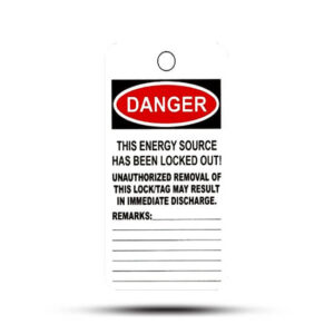 The VTW-RLO-0 DANGER ENERGY SOURCE LOCKOUT TAG features a design similar to industrial scaffolding tags, prominently displaying "Danger" in red to warn of an energy source being locked out. It also includes lines for remarks.