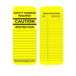 The VTY-101-0 tags caution harness needs on the left and record scaffold inspection dates and inspector names on the right.