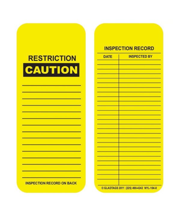 A set of two yellow vinyl scaffolding tags with permanent adhesive: one labeled "Restriction Caution" featuring lines, and the other labeled "Inspection Record," designed with columns for date and inspected by, available as part GP - Yellow Vinyl Scaffolding Tag - VTY-104-0 (QTY 25).