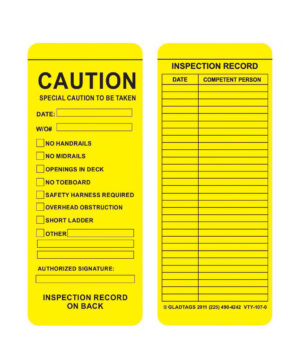 The GP - Yellow Vinyl Scaffolding Tag - VTY-107-0 (QTY 25) features checkboxes for safety measures and fields for inspection records, such as date, competent person, and signature spaces. These tags are made with permanent adhesive equipment labels to guarantee they remain securely affixed during use.