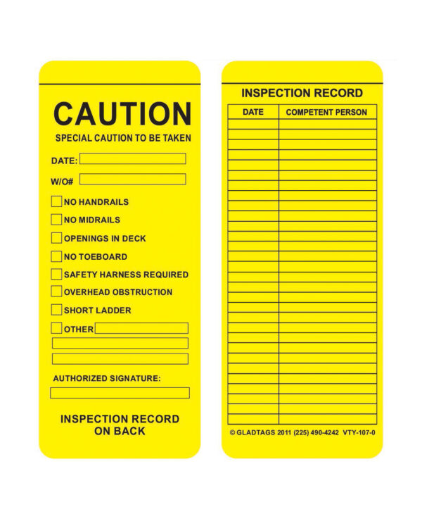 The GP - Yellow Vinyl Scaffolding Tag - VTY-107-0 (QTY 25) features checkboxes for safety measures and fields for inspection records, such as date, competent person, and signature spaces. These tags are made with permanent adhesive equipment labels to guarantee they remain securely affixed during use.
