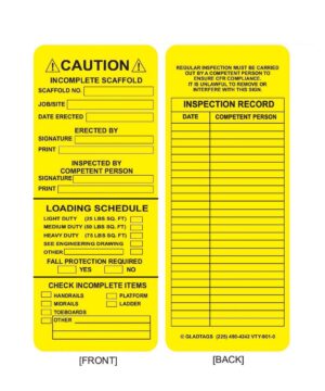 The GP - Green Laminated Scaffolding Tags - NGL-901-0 (QTY 25) come with permanent adhesive equipment labels for secure attachment. The front of the tags includes fields for entering details and a loading schedule, while the back provides space for recording inspection records and dates.