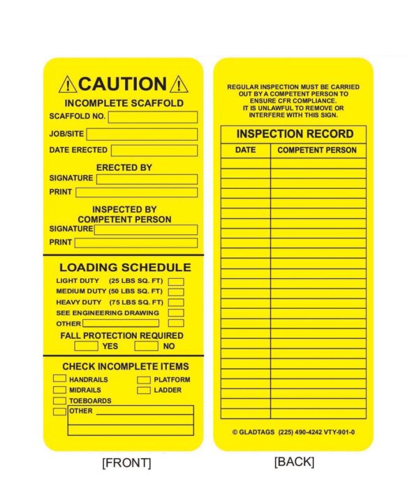 The GP - Green Laminated Scaffolding Tags - NGL-901-0 (QTY 25) come with permanent adhesive equipment labels for secure attachment. The front of the tags includes fields for entering details and a loading schedule, while the back provides space for recording inspection records and dates.