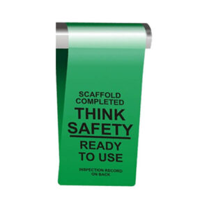 Introducing the WPT-G-101-0 GREEN READY TO USE WRAPTAG, featuring a clear message: "Scaffold Completed, Think Safety, Ready to Use, Inspection Record on Back," providing an essential reminder for workplace safety in industrial settings.