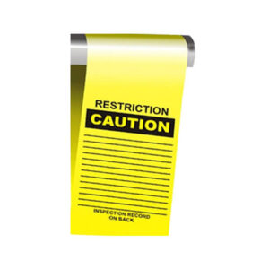 The WPT-Y-104-0 Yellow Restriction Caution WrapTag roll features "Restriction Caution" text and inspection record lines, making it ideal for use with industrial scaffolding tags to enhance safety and ensure clear communication on job sites.