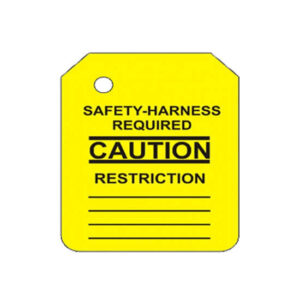 Yellow caution tag, product name "Y-101-0 Yellow Caution Scaffold Tag Insert," featuring "Safety-Harness Required" and "Caution Restriction" text with lines for additional notes.