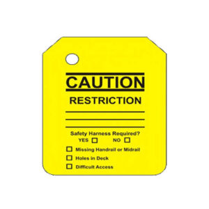 The Y-102-0 Yellow Caution Scaffold Tag Insert is specifically designed for industrial scaffolding tags, featuring a "Restriction" header. It includes checkboxes for safety harness, missing handrail, deck holes, and difficult access. This product is ideal for marking critical areas where scaffold tags are essential for maintaining safety compliance.