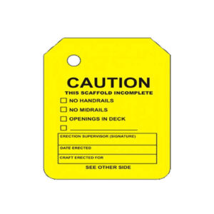 The Y-103-0 Yellow Caution Scaffold Tag Insert is designed for scaffolding applications, offering checkboxes to indicate missing handrails, midrails, or deck openings and includes spaces for signature and date.