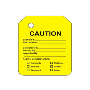 The Y-106-0 Yellow Caution Scaffold Tag Insert is crafted for industrial scaffolding and includes fields for scaffold number, site location, date erected, erected by, inspected by, and a checklist for incomplete tasks.