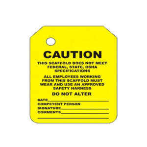 Y-108-0 Yellow Caution Scaffold Tag Insert for industrial scaffolding, indicating compliance requirements and safety harness use. Features spaces for date, name, signature, and comments.
