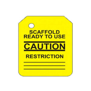 Yellow tag with text: "Scaffold Ready to Use. Caution. Restriction." Specifically designed for industrial scaffolding, the Y-110-0 Yellow Caution Scaffold Tag Insert features lines at the bottom for additional notes.