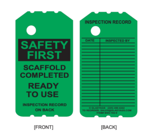 Two BSG-102-0 green scaffold tags: Front says "Safety First: Ready to Use"; back has an inspection form and contact details.