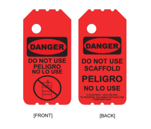 BSR-106-0 tag labeled "DANGER": Front says "DO NOT USE" with pictogram; back includes "DO NOT USE SCAFFOLD" and contact info.