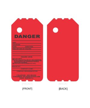 Front and back view of a red danger tag. The front includes fields for unit, location, date, duration, hazard description, and issuer information.