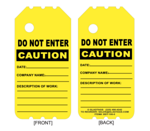 Two BSY-108-0 yellow "DO NOT ENTER" scaffold tags with spaces for date, company name, and work details on both sides.