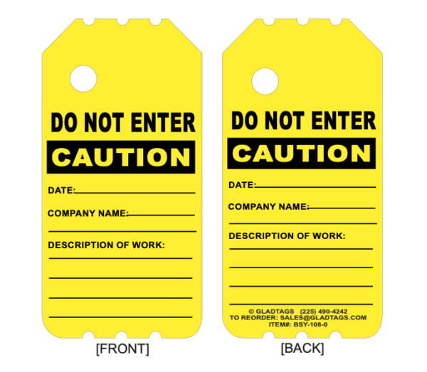 Two BSY-108-0 yellow "DO NOT ENTER" scaffold tags with spaces for date, company name, and work details on both sides.