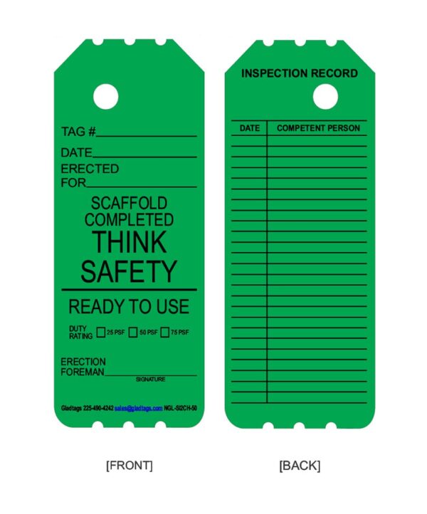 Green scaffold safety tag. Front: "Think Safety, Ready to Use". Back: Inspection record with columns for date and competent person.