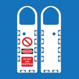 Image of the NH-112-0 Scaffold Tag Insert Holder with "Danger" tags saying "Do Not Use Scaffold" against a blue backdrop.