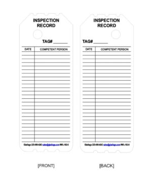 Two white inspection record tags with fields for tag number, date, and competent person. The tags are labeled "FRONT" and "BACK.