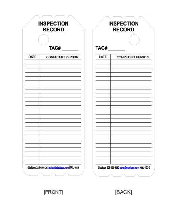 Two white inspection record tags with fields for tag number, date, and competent person. The tags are labeled "FRONT" and "BACK.