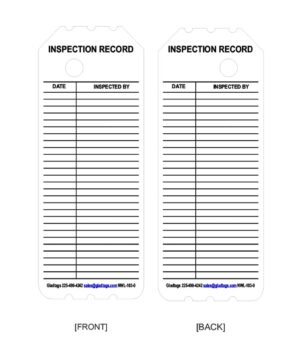 Two inspection record tags with columns for date and inspector name. Both tags are labeled "Inspection Record" with contact info at the bottom.