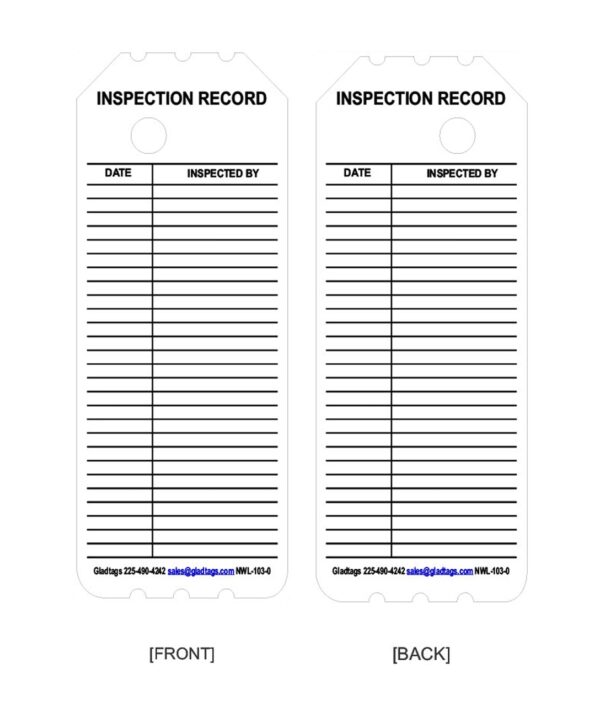 Two inspection record tags with columns for date and inspector name. Both tags are labeled "Inspection Record" with contact info at the bottom.
