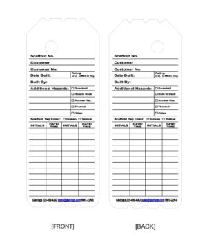 Two scaffold tags labeled "FRONT" and "BACK" contain fields for customer info, dates, builder initials, hazards, and scaffold tag color.