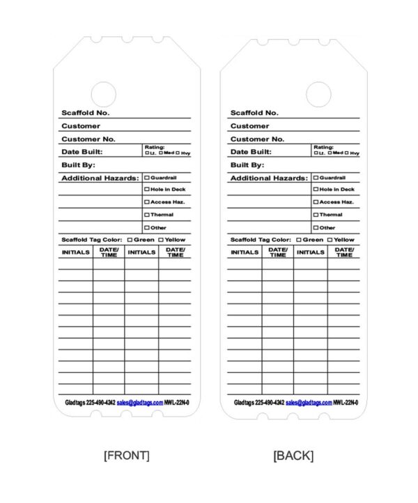 Two scaffold tags labeled "FRONT" and "BACK" contain fields for customer info, dates, builder initials, hazards, and scaffold tag color.