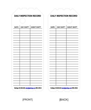 A template of a daily inspection record tag with front and back views, each with date, day shift, and night shift columns for logging.