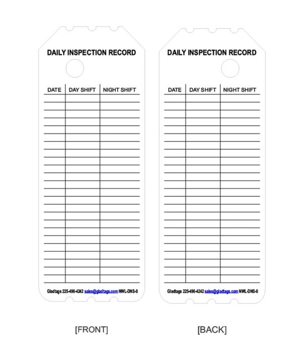A template of a daily inspection record tag with front and back views, each with date, day shift, and night shift columns for logging.