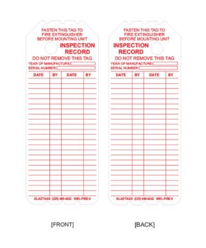 Two inspection record tags for fire extinguishers with spaces for date, type, and serial number information, labeled front and back.