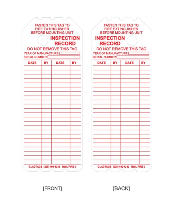 Two inspection record tags for fire extinguishers with spaces for date, type, and serial number information, labeled front and back.