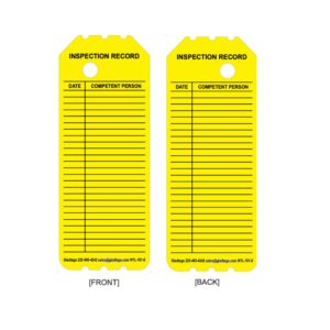 Two NYL-101-0 yellow laminated tags with "Date" and "Competent Person" columns, designed as permanent adhesive labels. Contact info below.