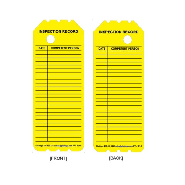 Two NYL-101-0 yellow laminated tags with "Date" and "Competent Person" columns, designed as permanent adhesive labels. Contact info below.