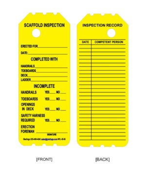 Yellow scaffold inspection tag with sections for information on completion, incompletion, and inspection record with checkboxes and signature line.