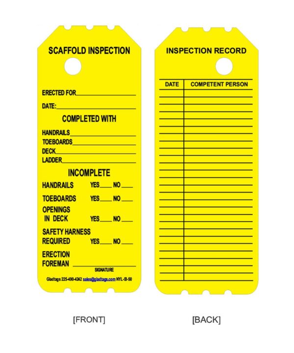 Yellow scaffold inspection tag with sections for information on completion, incompletion, and inspection record with checkboxes and signature line.