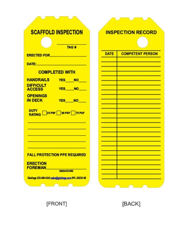 Yellow scaffold inspection tag with fields for tag number, date, completion details, and inspection record. Front includes safety checks.