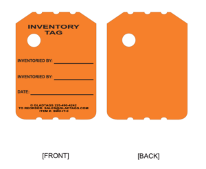 Two SMO-IT-O tags with fields for inventoried by, number, date; text front, plain back with a hole.