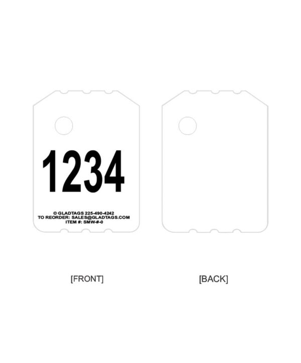 Front and back views of a numbered tag. The front displays "1234" in large black text with contact and reorder information. The back is blank.