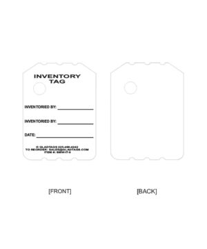 White inventory tag with three fill-in fields on the front: "Inventory by," "Inventoried by," and "Date." Blank back with a circular punch hole.