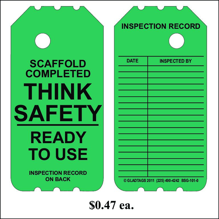 3.25X6 Green Laminated Insert Scaffold Complete Ready For Use Think Safety with Inspection Record on Back