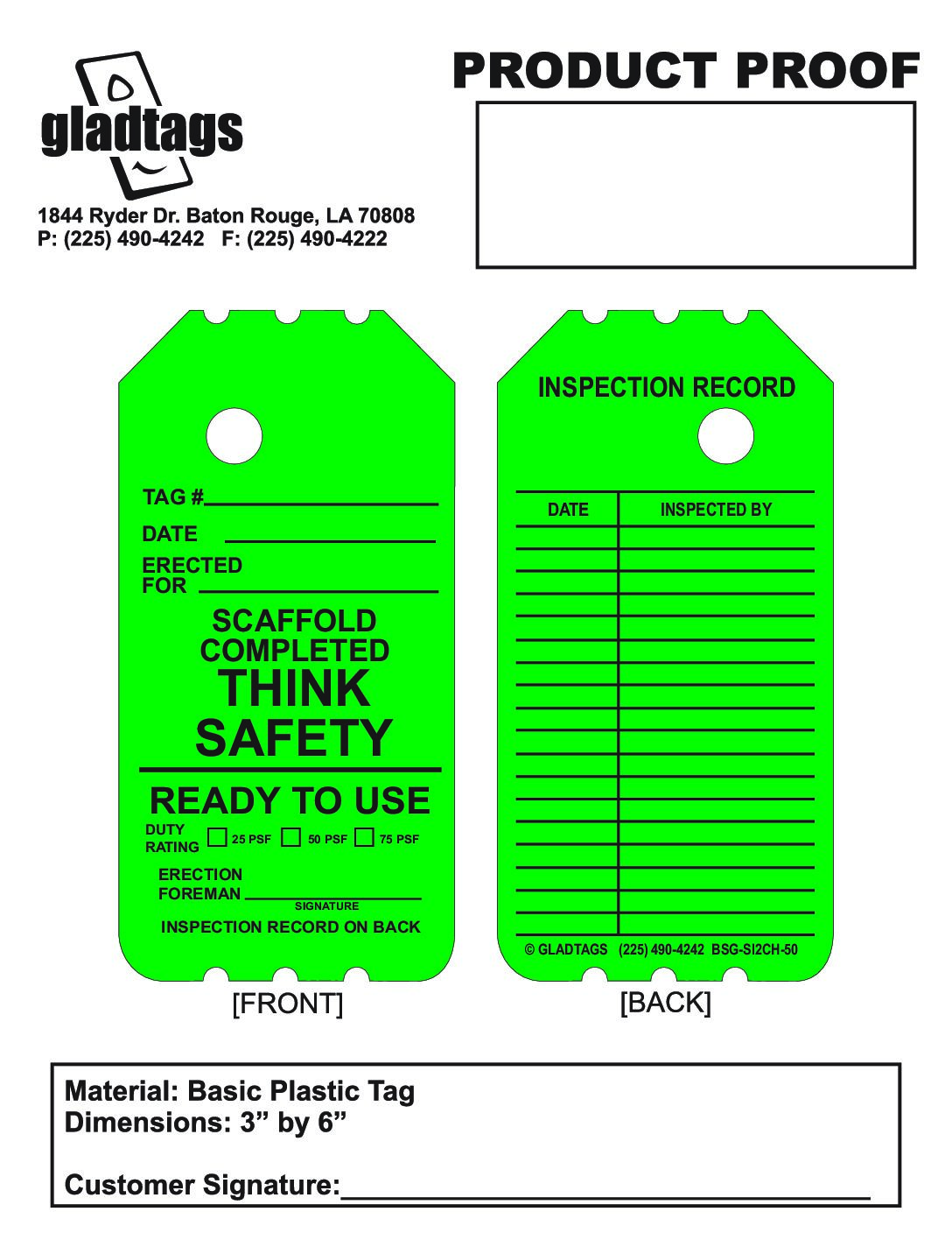 3.25X6 Green Laminated Insert Scaffold Complete Detailed Read For Use with Inspection Record on Back- BSG-SI2CH-50