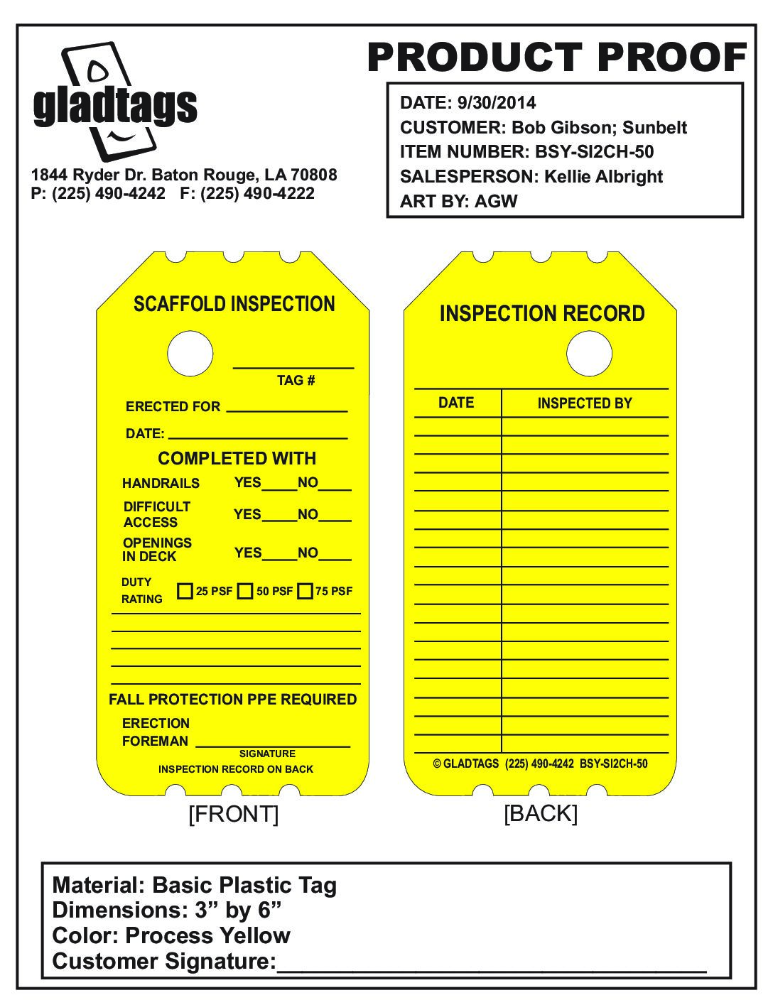 3.25X6 Yellow Laminated Insert with Scaffold Inspection on Front with Inspection Record on Back – BSY-SI2CH-50