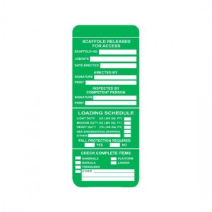 JTG-901-0-FRONT narrow green vinyl scaffolding safety tagged inspection and caution safety tag holder insert